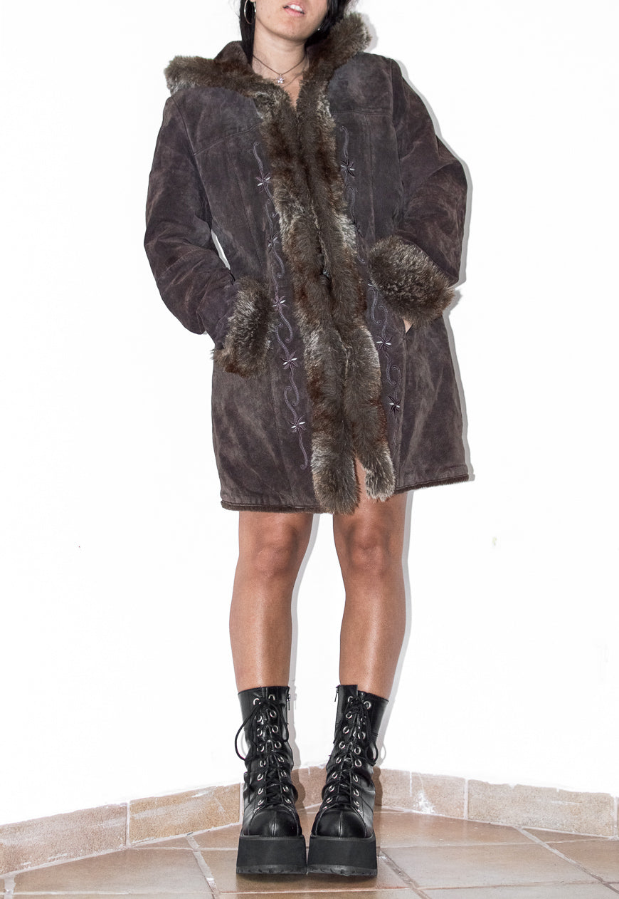 Vintage 90s Embroidered Pig Split Leather Fur Coat