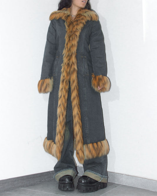 Vintage Y2k Super Fluffy Denim Full Length Bratz Faux Fur Trim Winter Coat - Size S