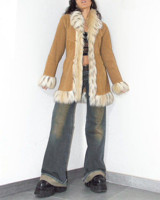 Vintage Y2k Corduroy Patchwork Creamy Faux Fur Trim Short Afghan Coat - Size S