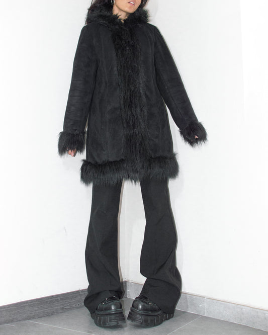 Vintage Black Hooded Faux Fur Trimmed Warm Penny Lane Coat Jacket - Size XL