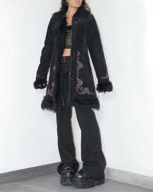 Vintage Y2k Hippie Embroidery Black Fur Trimmed Corduroy Afghan Coat - Size L