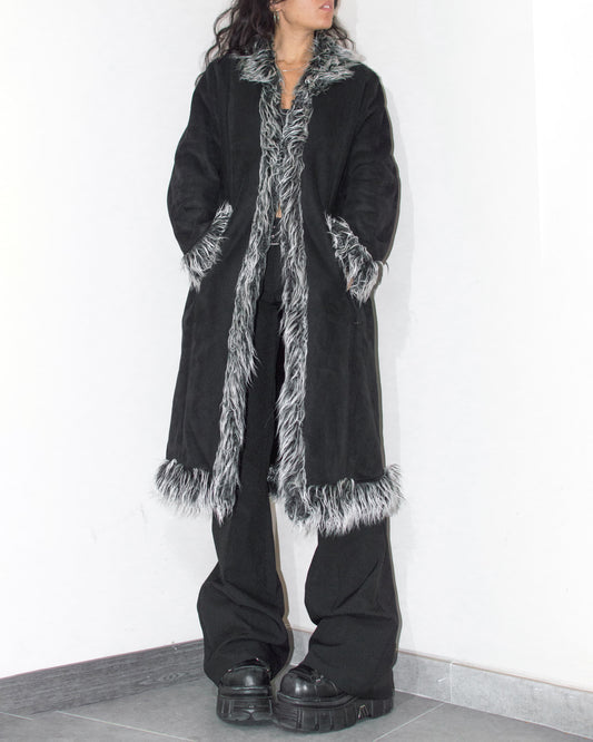 2000s Vintage Vegan Grey Fur Trim Black Faux Suede Penny Lane Coat - Size XL