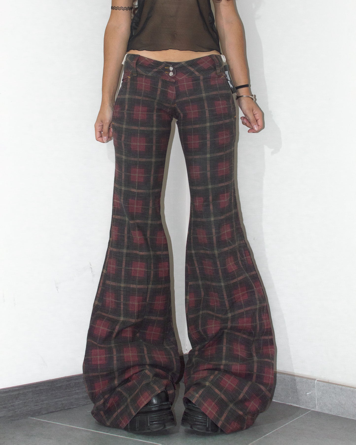 Vintage Deadstock Y2k Tartan Check Print Super Flare Low Rise Jeans - Size S