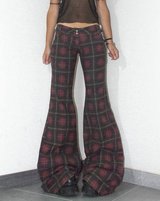 Vintage Deadstock Y2k Tartan Check Print Super Flare Low Rise Jeans - Size S