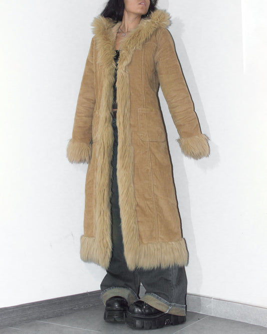 Vintage 2000s Boho Beige corduroy Long Shaggy Faux Fur Trimmed Hooded Afghan Coat - Size M