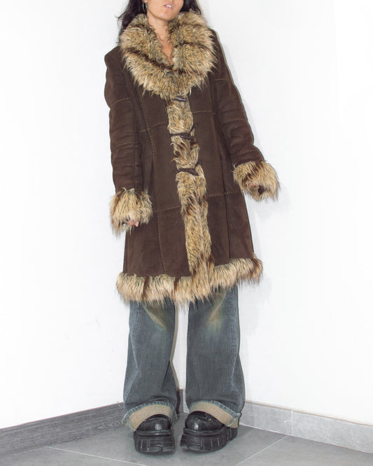 Vintage 2000s  Brown Thick Fur Trim Midi Length Afghan Coat for Winter - Size XL