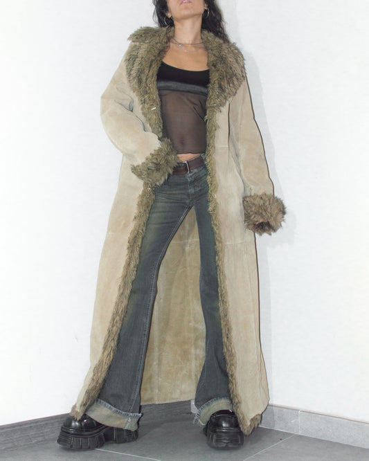 Vintage Y2k Pig Leather Winter Faux Fur Lined Maxi Afghan Coat - Size L