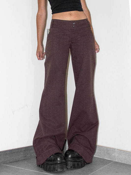 Vintage Deadstock Brown Thick Y2k Flared Leg Baggy Loose Fit Cotton Trousers - Size S