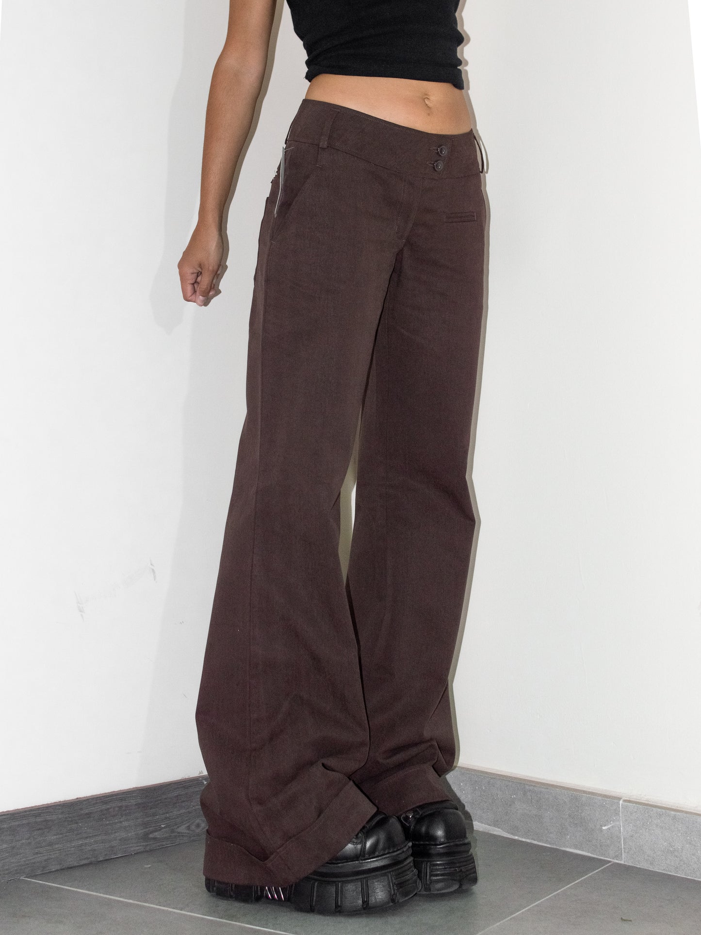 Vintage Deadstock Brown Thick Y2k Flared Leg Baggy Loose Fit Cotton Trousers - Size S