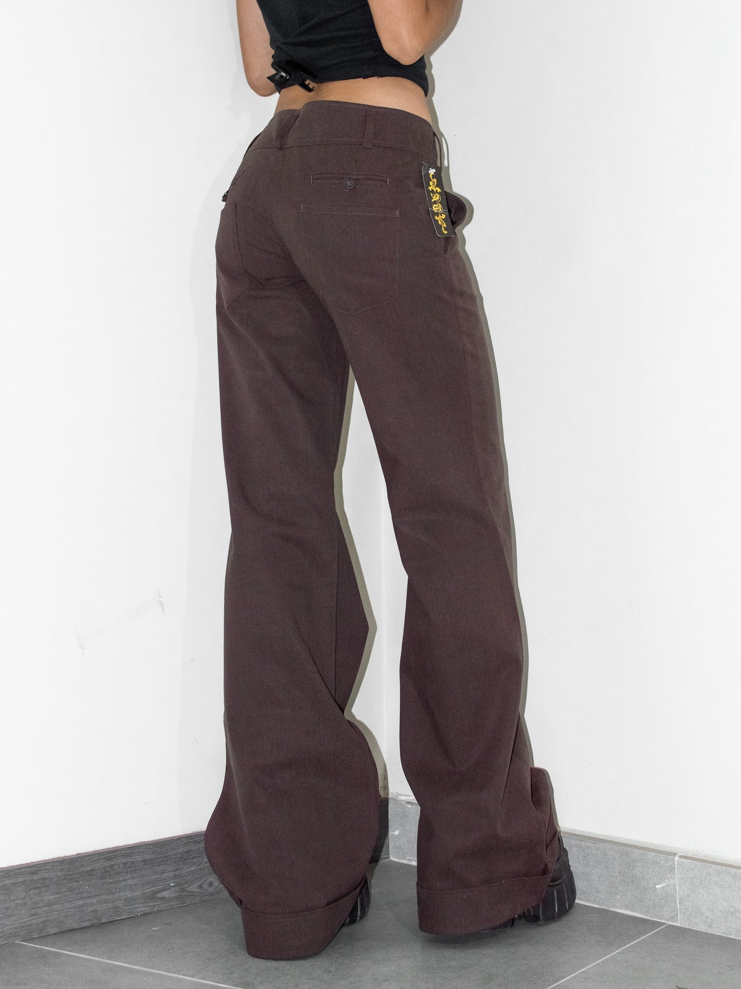 Vintage Deadstock Brown Thick Y2k Flared Leg Baggy Loose Fit Cotton Trousers - Size S