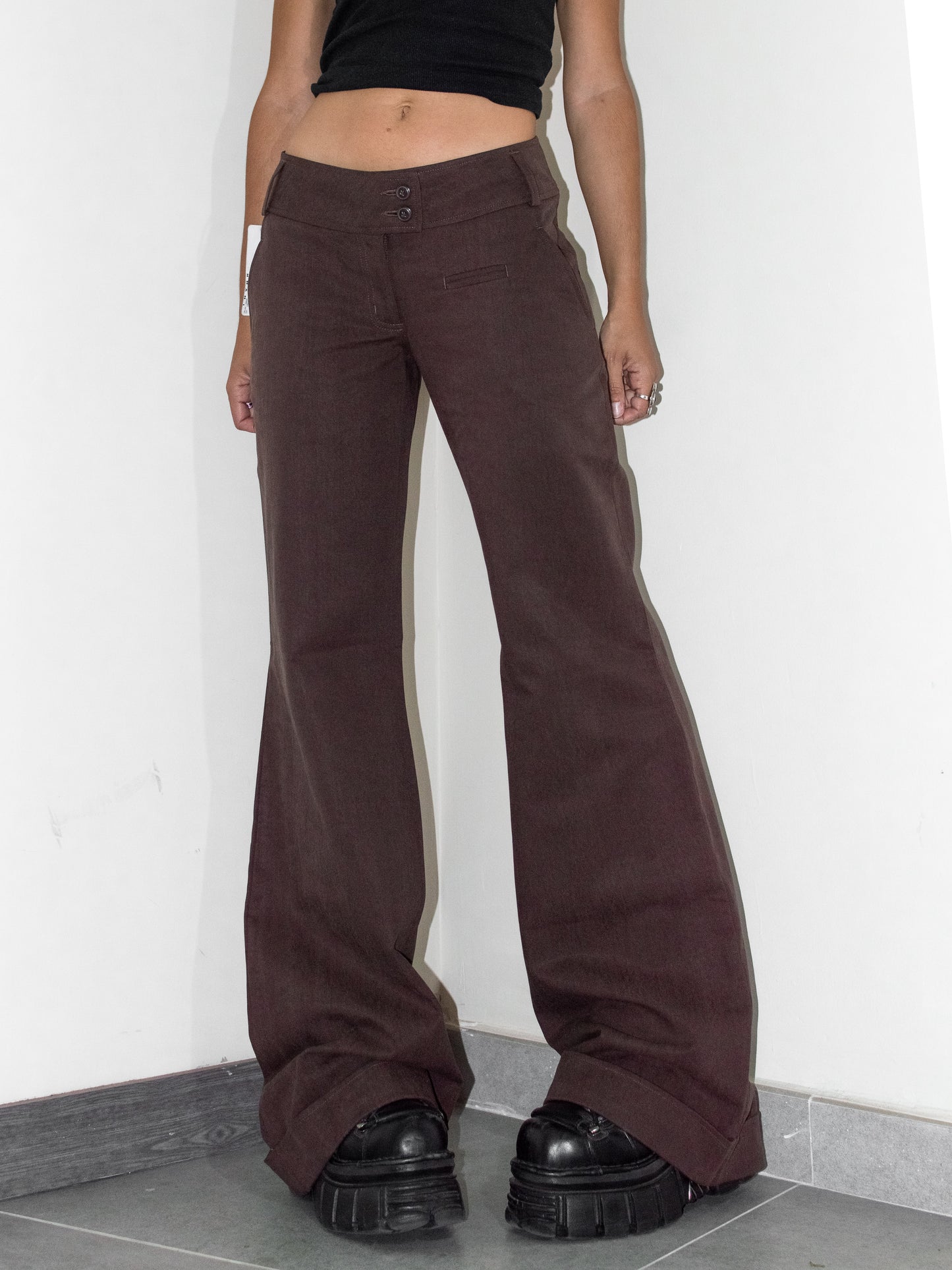 Vintage Deadstock Brown Thick Y2k Flared Leg Baggy Loose Fit Cotton Trousers - Size S