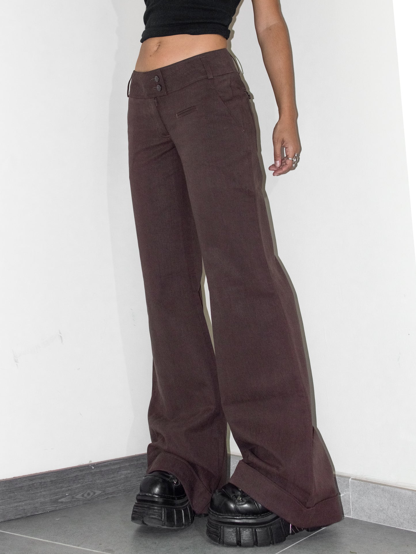 Vintage Deadstock Brown Thick Y2k Flared Leg Baggy Loose Fit Cotton Trousers - Size S