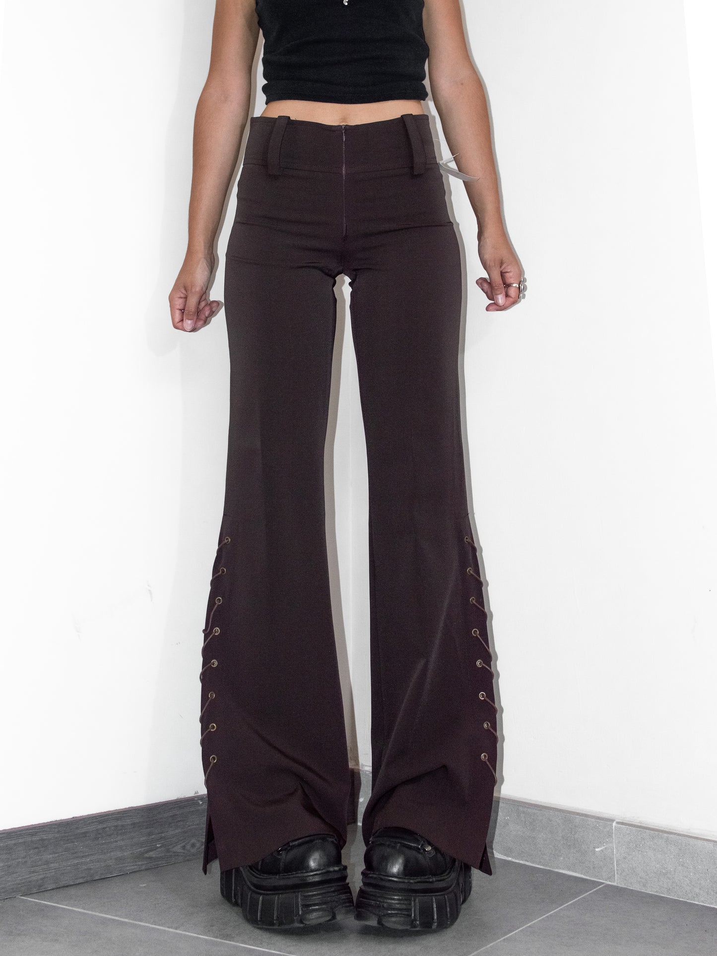 Vintage Y2K Office Siren Sexy Brown Flared Trousers with Lace Up Slit Details - Size S