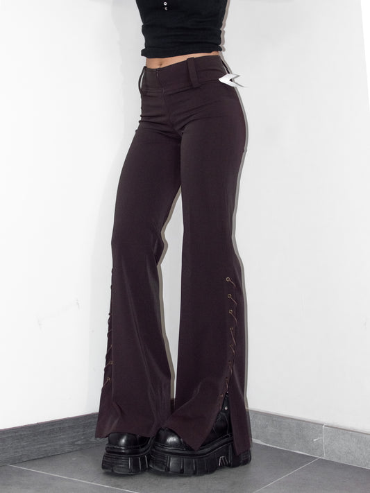 Vintage Y2K Office Siren Sexy Brown Flared Trousers with Lace Up Slit Details - Size S