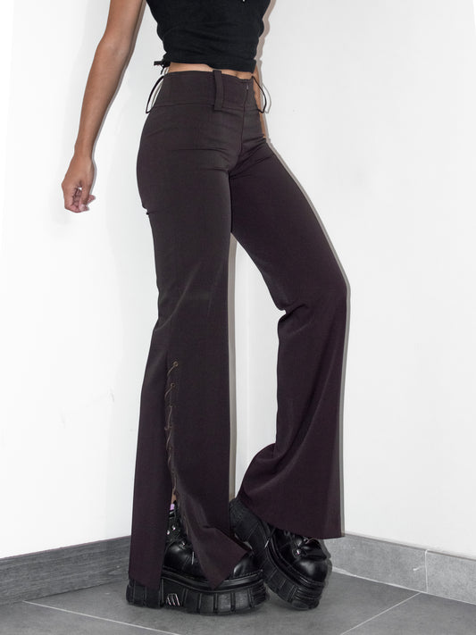 Vintage Y2K Office Siren Sexy Brown Flared Trousers with Lace Up Slit Details - Size S