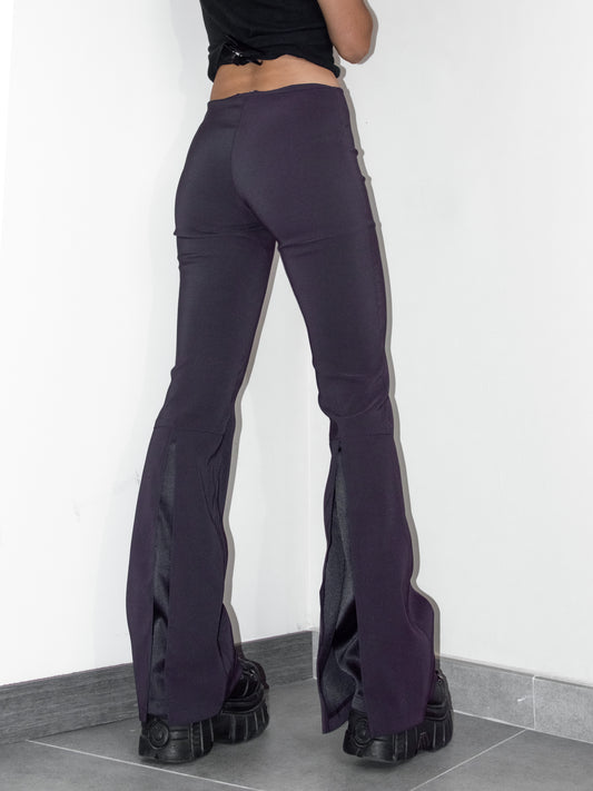 Vintage Y2k Rave Grungy Deep Purple Bell Bottom Back Slit Mid Rise Stretchy Trousers- Size S