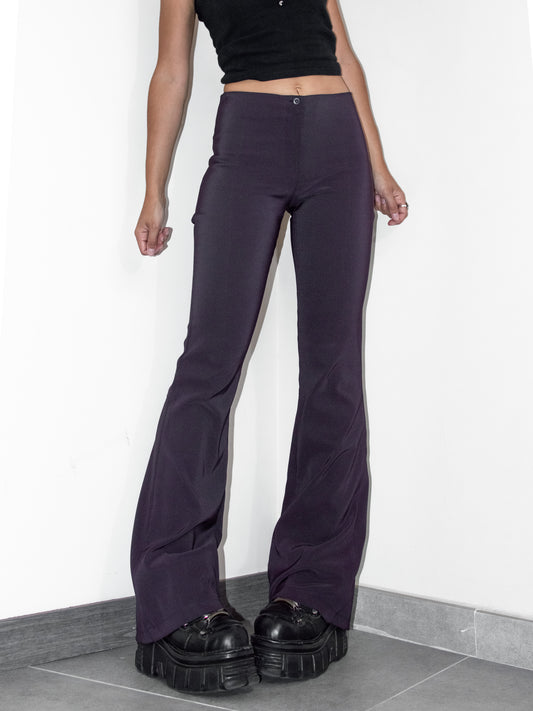 Vintage Y2k Rave Grungy Deep Purple Bell Bottom Back Slit Mid Rise Stretchy Trousers- Size S