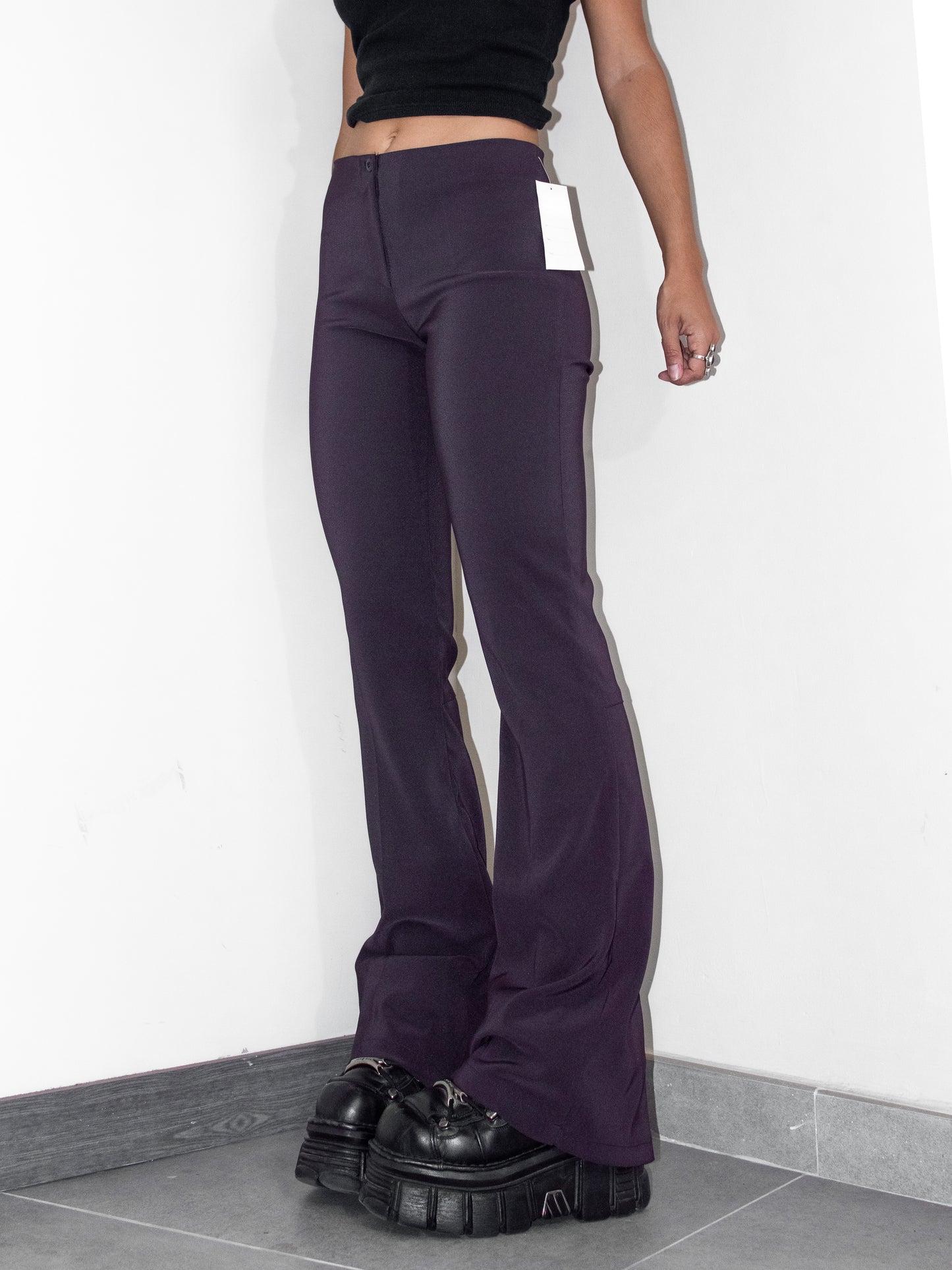 Vintage Y2k Rave Grungy Deep Purple Bell Bottom Back Slit Mid Rise Stretchy Trousers- Size S