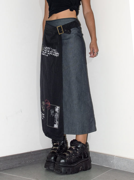 Vintage Y2k Asymmetric Typo Text Print Denim Layered Skirt - Size S