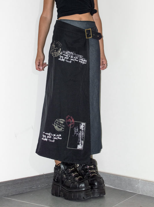 Vintage Y2k Asymmetric Typo Text Print Denim Layered Skirt - Size S