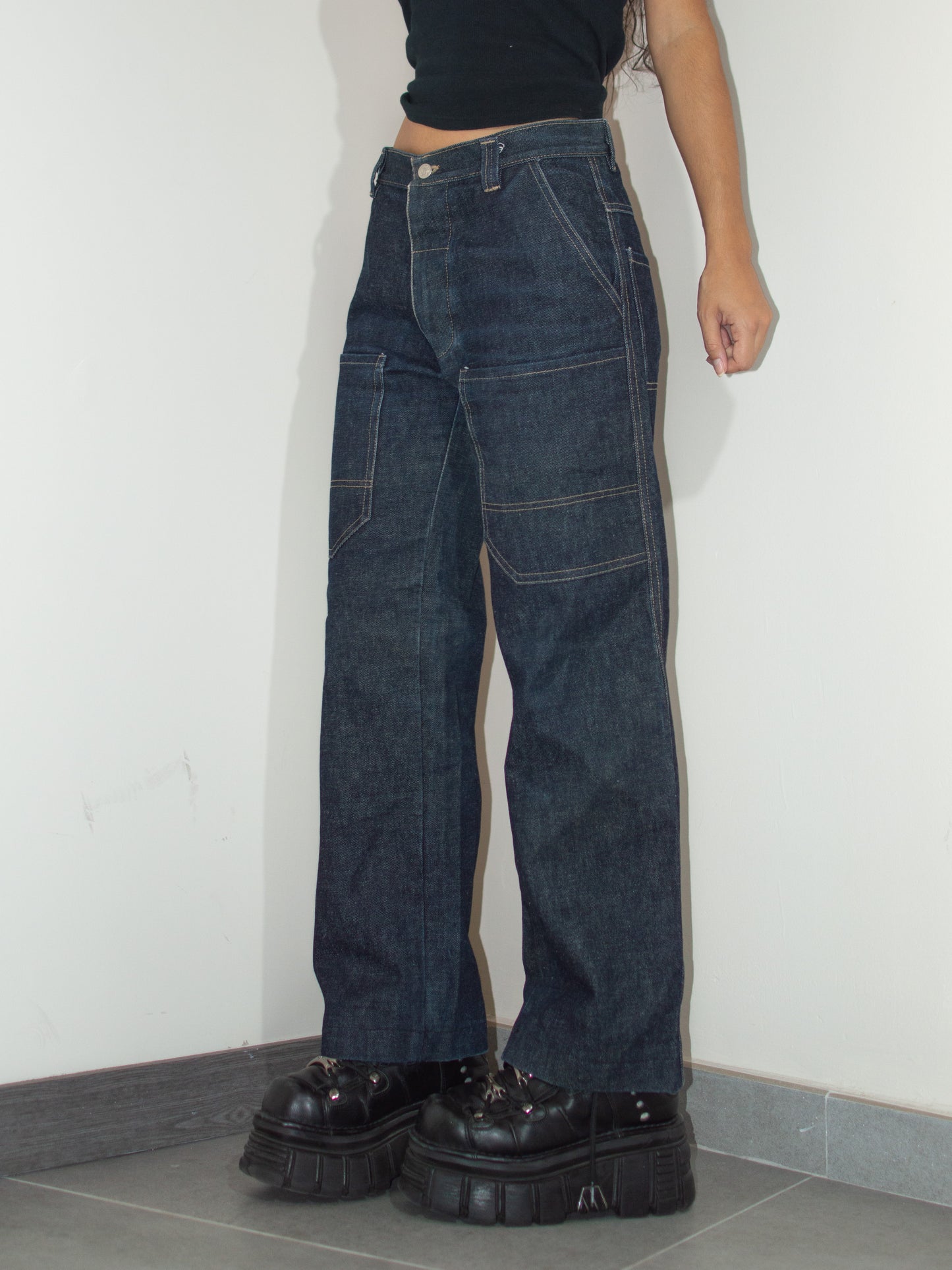 Vintage Y2k Dark Blue Thick Tapered Leg Wide Baggy Jeans - Size S