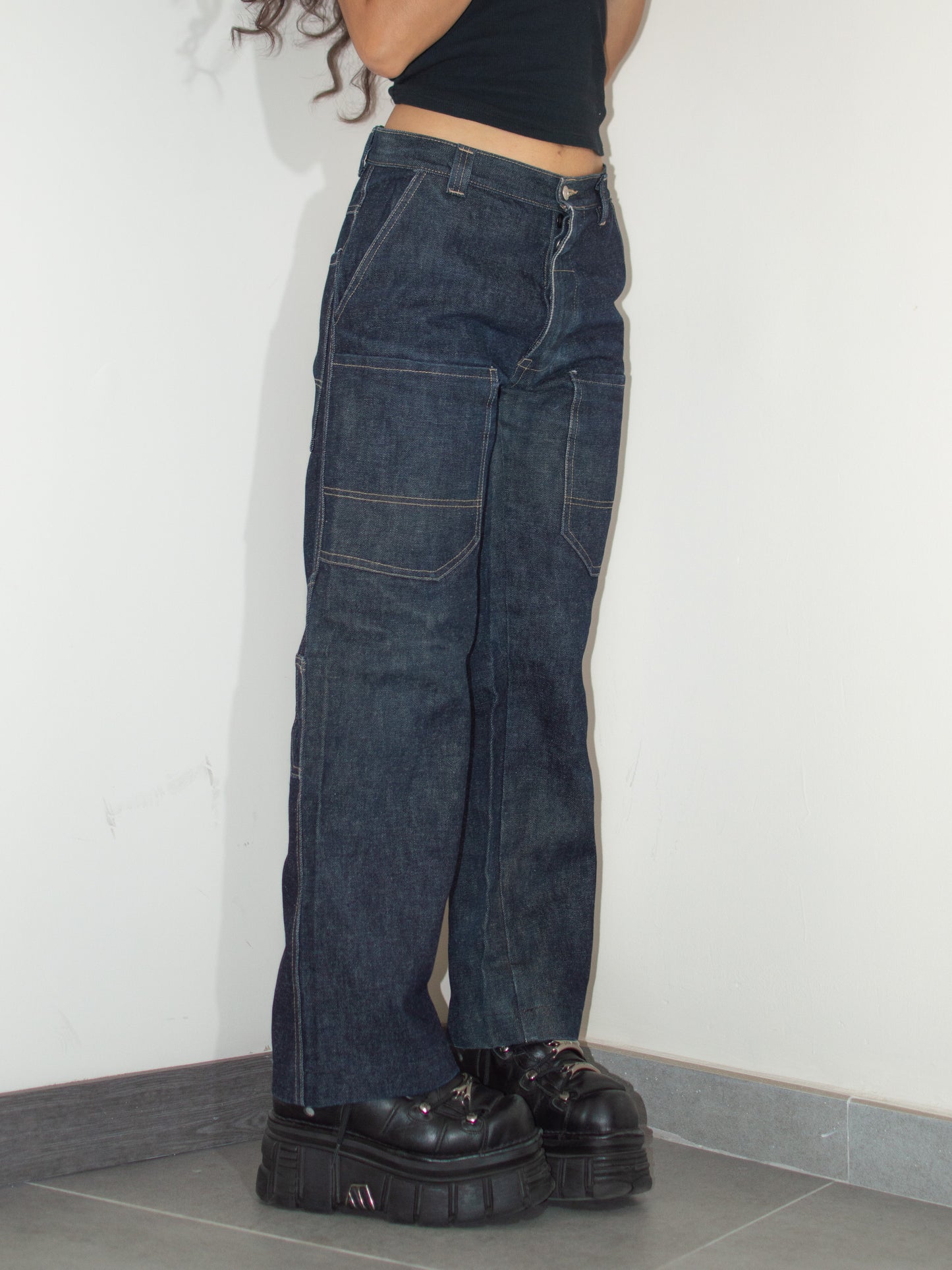 Vintage Y2k Dark Blue Thick Tapered Leg Wide Baggy Jeans - Size S