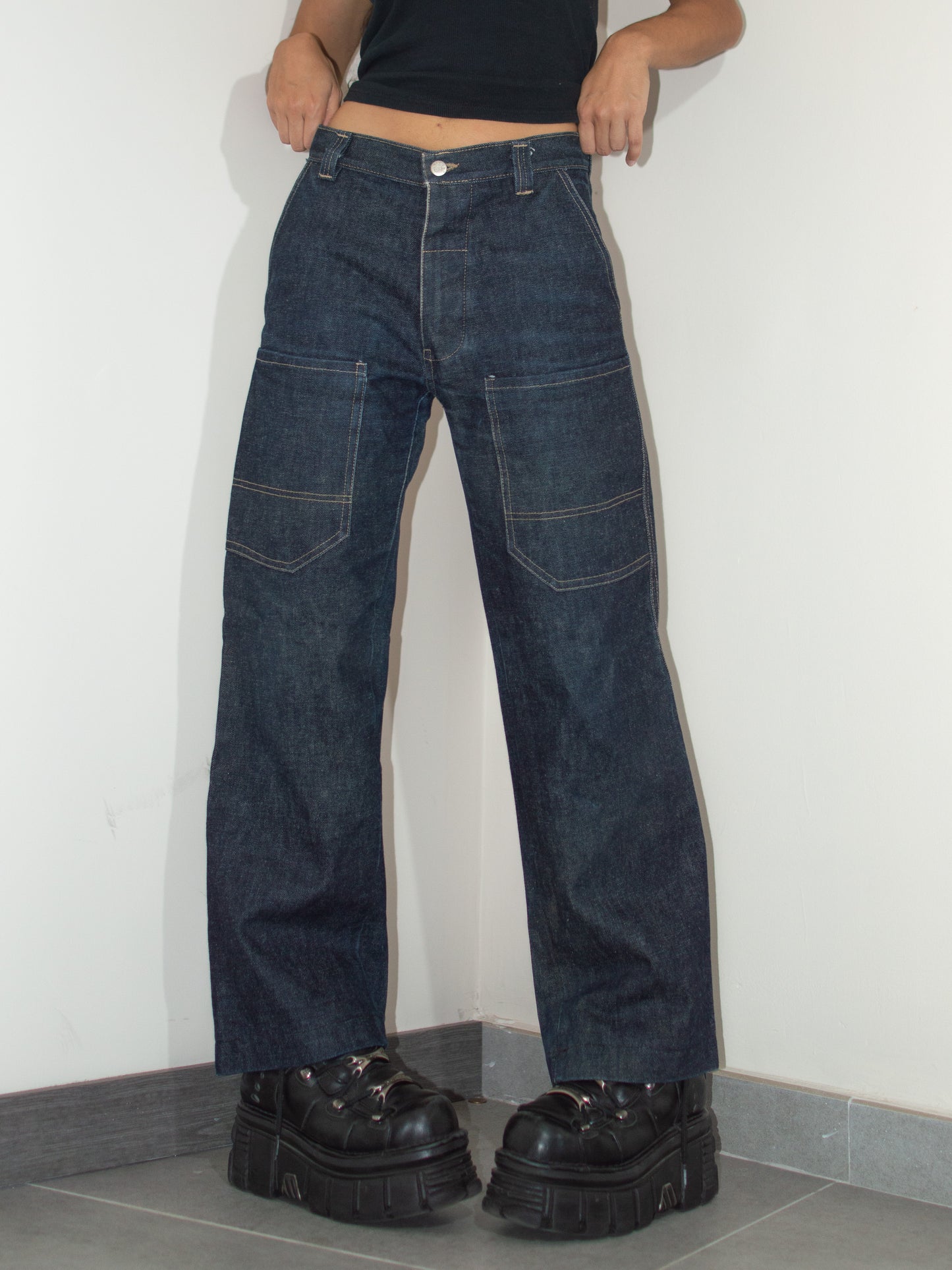 Vintage Y2k Dark Blue Thick Tapered Leg Wide Baggy Jeans - Size S