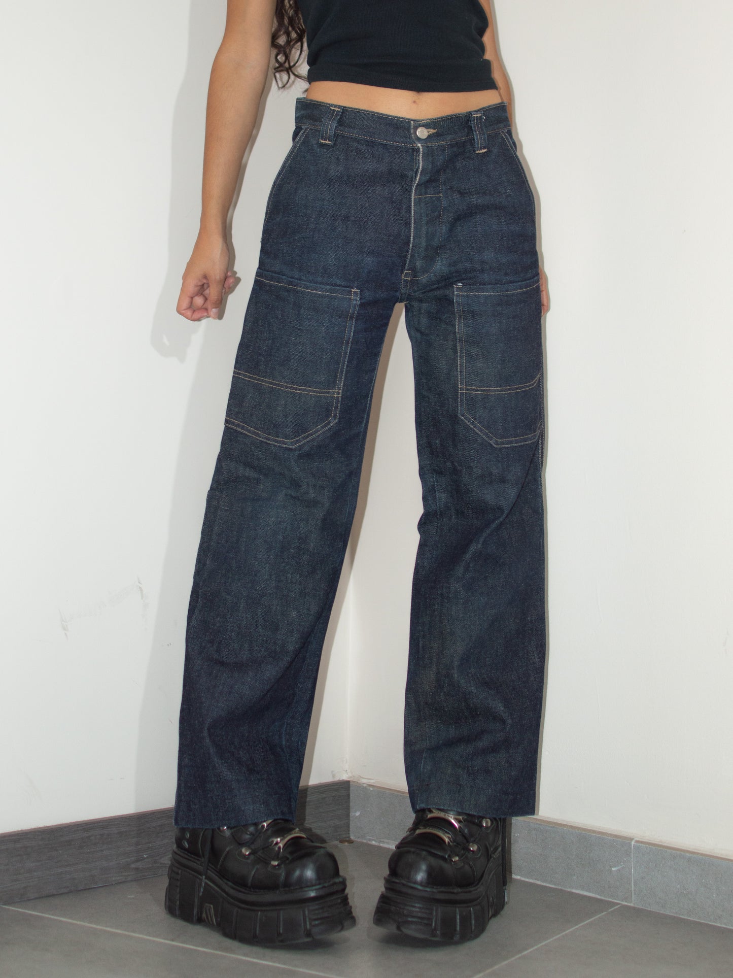 Vintage Y2k Dark Blue Thick Tapered Leg Wide Baggy Jeans - Size S