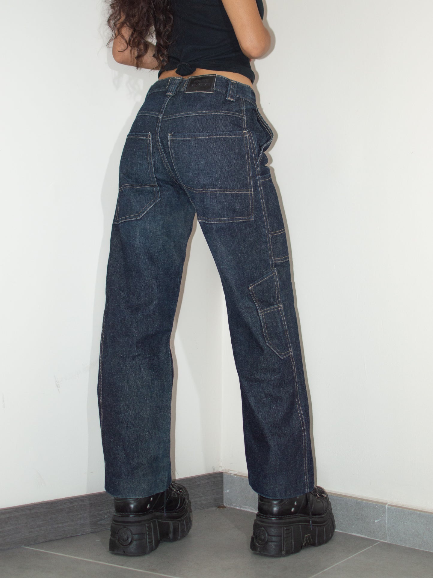 Vintage Y2k Dark Blue Thick Tapered Leg Wide Baggy Jeans - Size S