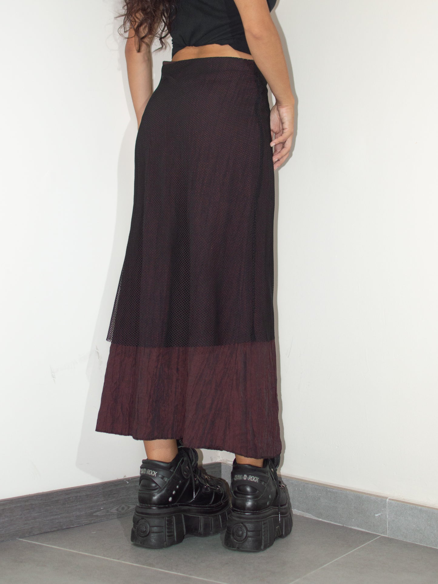 Vintage Y2k Goth Subversive Black and Red Fishnet Layered Long Skirt - Size M