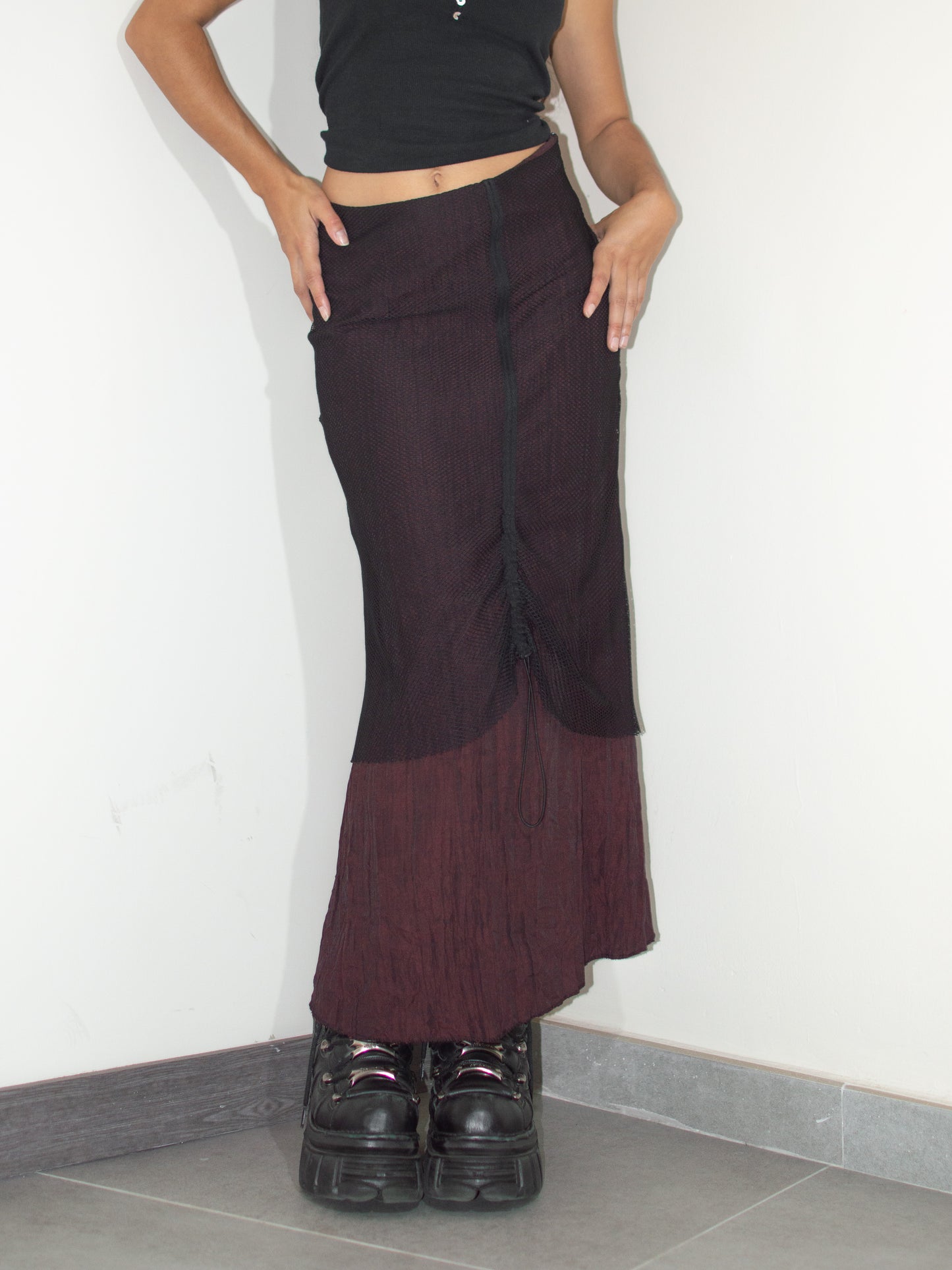 Vintage Y2k Goth Subversive Black and Red Fishnet Layered Long Skirt - Size M