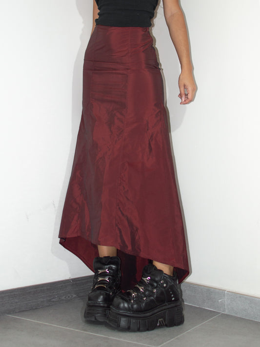 Vintage Late 90s Nylon Asymmetric Prom Grunge Drawstring Red Maxi Skirt - Size S