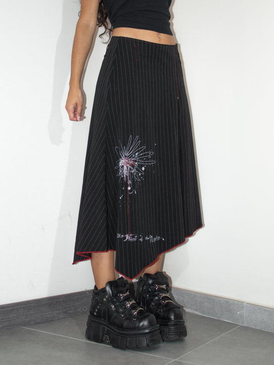 Vintage Asymmetric Subversive Flower Print Black Stripes Long Pointy Skirt - Size M