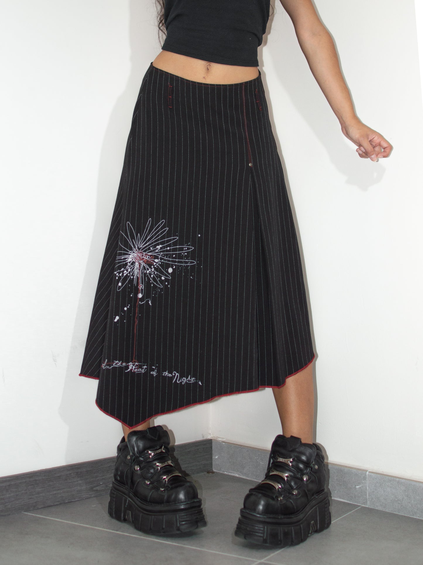 Vintage Asymmetric Subversive Flower Print Black Stripes Long Pointy Skirt - Size M