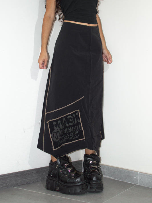 Vintage Y2k Subversive Gorpcore  Stamp Print Black Irregular Pointy Maxi Skirt with Yellow Topstitching - Size XL