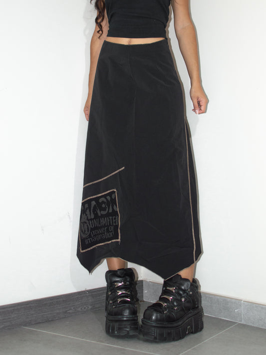 Vintage Y2k Subversive Gorpcore  Stamp Print Black Irregular Pointy Maxi Skirt with Yellow Topstitching - Size XL