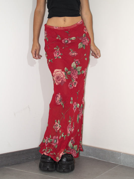 Vintage 90s Red Floral Print Graphic High Low Long Sheer Slip Skirt - Size M