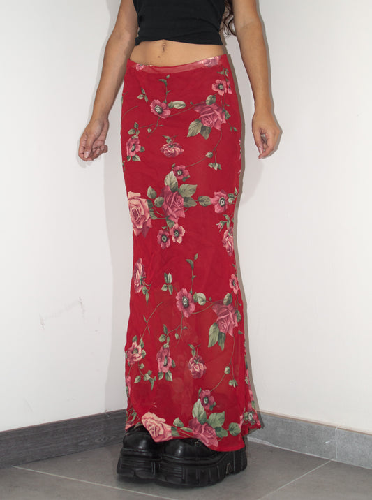 Vintage 90s Red Floral Print Graphic High Low Long Sheer Slip Skirt - Size M