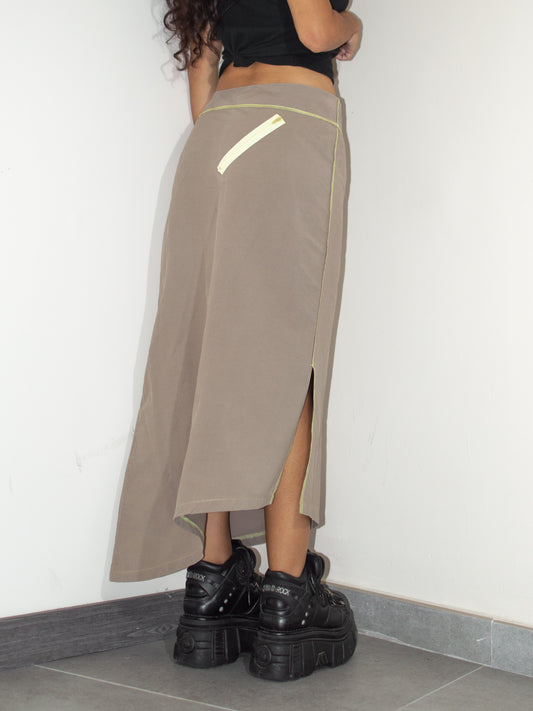 Y2k Ethereal Fairy Glittering Tribal Abstract Print Irregular Khaki Long Skirt - Size M