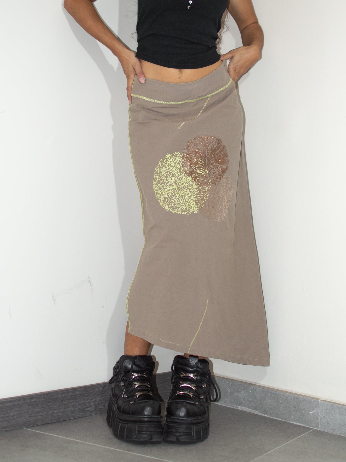 Y2k Ethereal Fairy Glittering Tribal Abstract Print Irregular Khaki Long Skirt - Size M