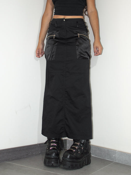 Vintage Black Long Elasticated Waist Skirt with Satin Pockets - Size M