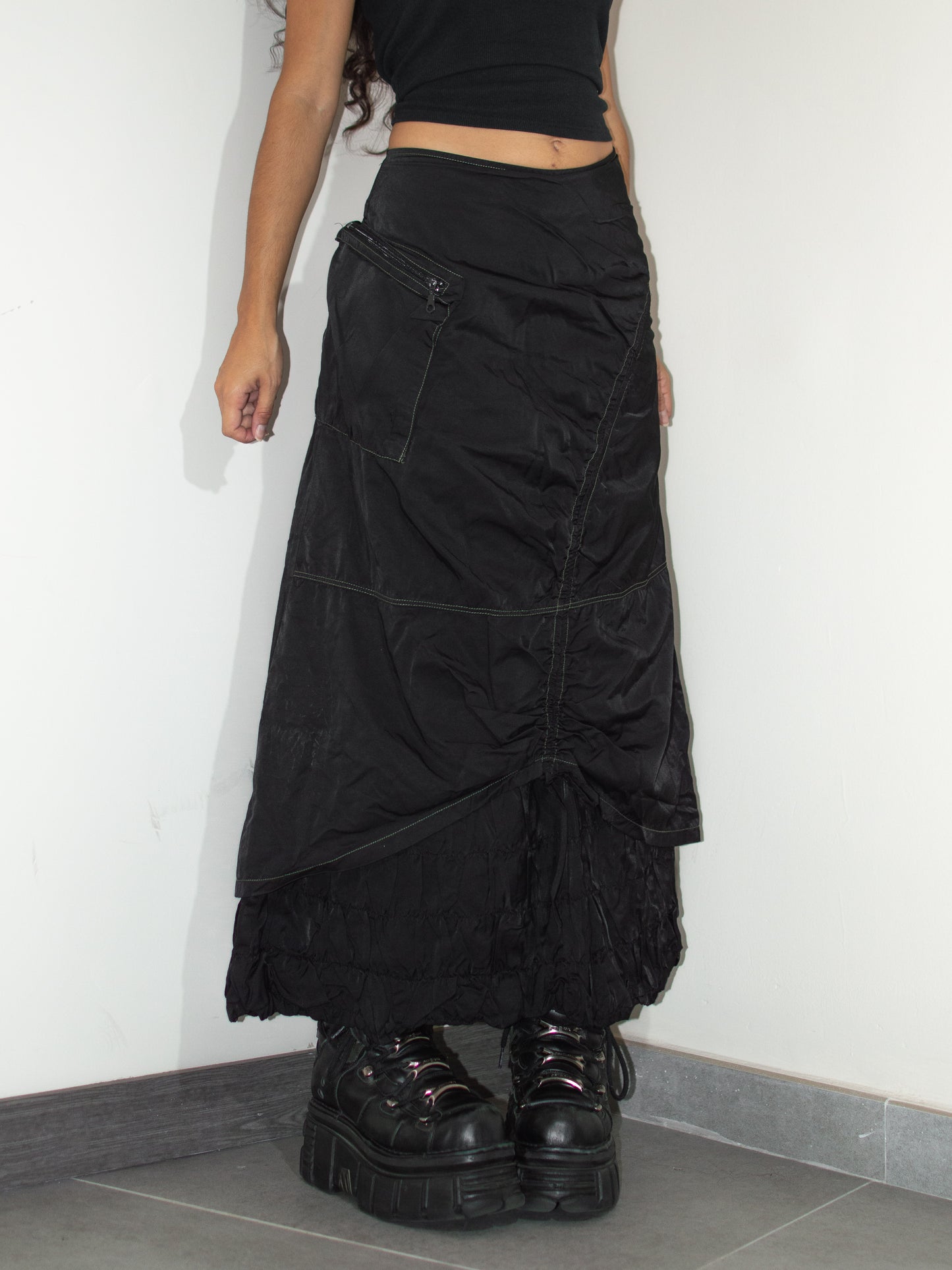 Vintage Whimsigoth Y2k Black Long Layered Nylon Skirt with Ruched details - Size L