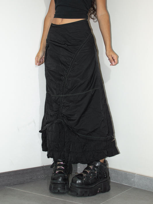 Vintage Whimsigoth Y2k Black Long Layered Nylon Skirt with Ruched details - Size L