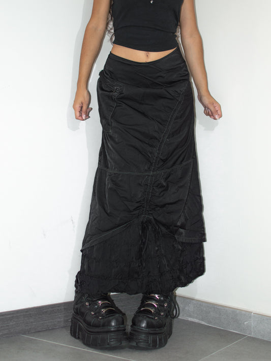 Vintage Whimsigoth Y2k Black Long Layered Nylon Skirt with Ruched details - Size L