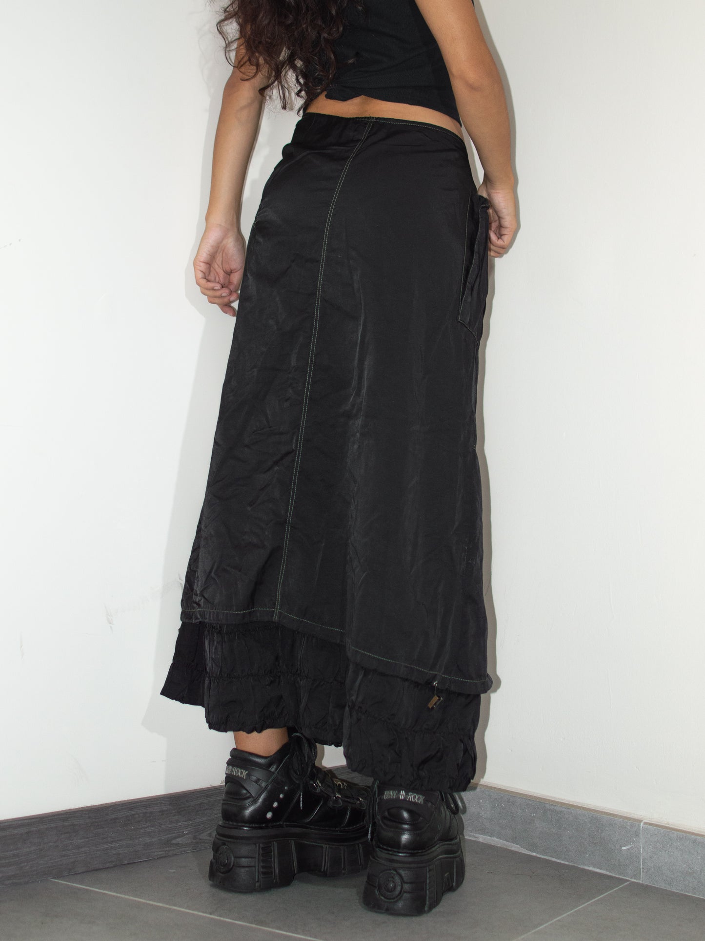 Vintage Whimsigoth Y2k Black Long Layered Nylon Skirt with Ruched details - Size L