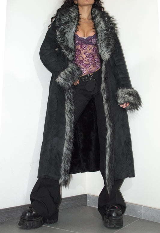 Vintage Y2k Fluffy Faux Fur Trim Long Winter Faux Suede Afghan Coat - Size M