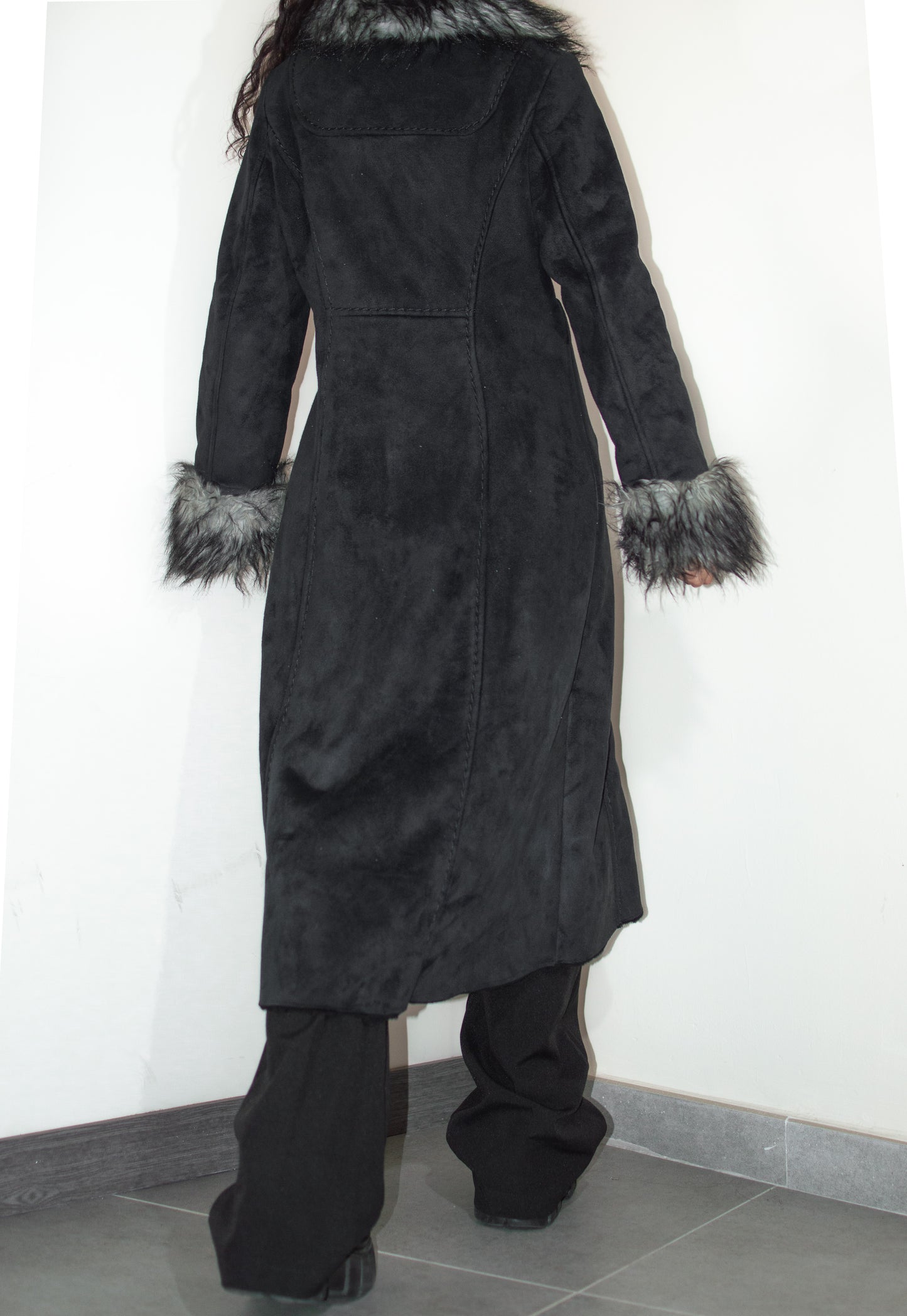 Vintage Y2k Fluffy Faux Fur Trim Long Winter Faux Suede Afghan Coat - Size M