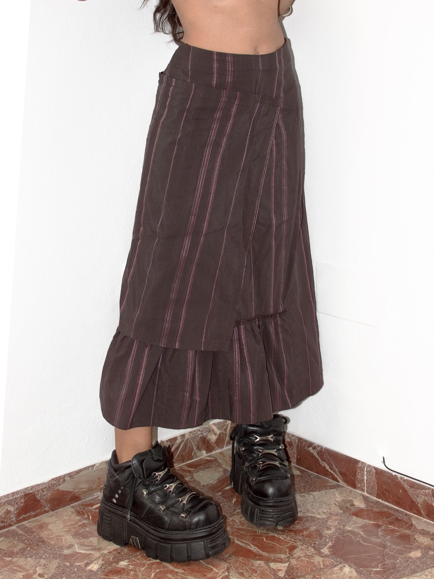 Vintage Y2k Pixie Elf Layered Brown Stripes Long Boho Skirt - size L