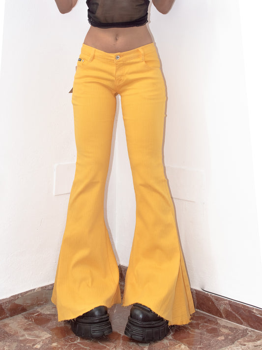 Vintage Y2k Deadstock Super Flared Bell Bottom Low Rise Festival Yellow Jeans - Size M