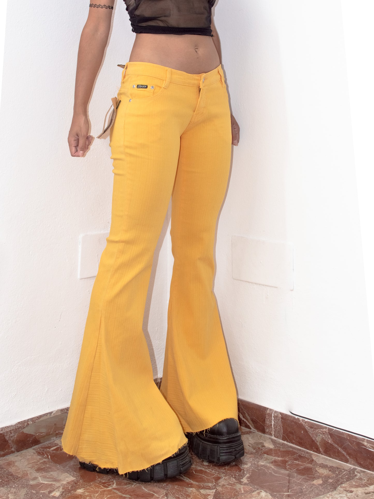 Vintage Y2k Deadstock Super Flared Bell Bottom Low Rise Festival Yellow Jeans - Size M